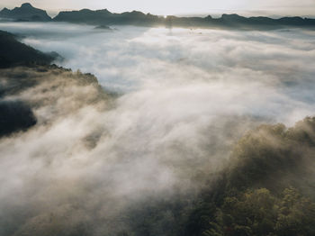 Scenic view of sea and mountains against sky