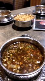 High angle view of soup in bowl on table