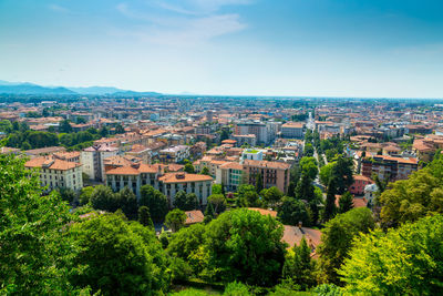 High angle view of buildings against sky