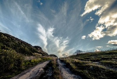 Dirt road amidst land against sky