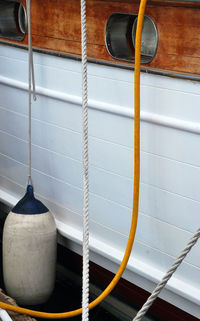 Close-up of rope tied to wooden wall at home