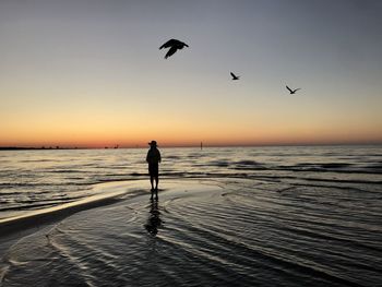 Silhouette woman standing in sea against sky during sunset