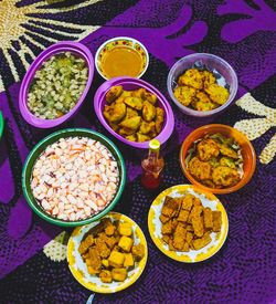  high angle view of food on carpet