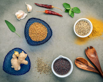 High angle view of various food on table