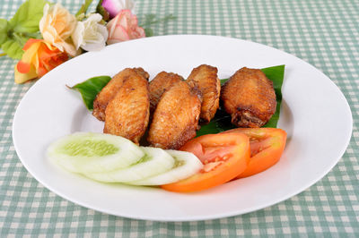 High angle view of food in plate on table