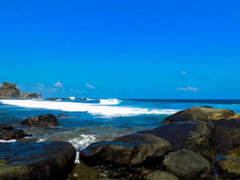 Scenic view of sea against blue sky