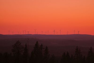 Silhouette of wind turbines on land during sunset