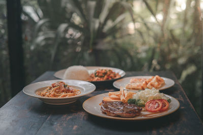 Close-up of food served on table