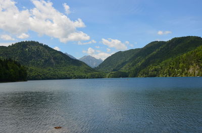 Scenic view of lake by mountains against sky