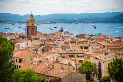 High angle view of buildings in town