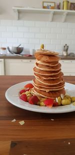 Close-up of pancake served on table