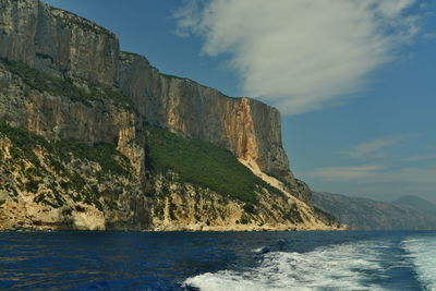 Scenic view of sea and mountains against sky