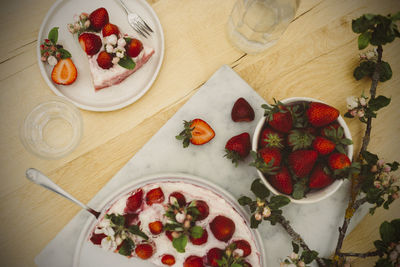 High angle view of breakfast served on table