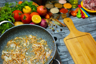 High angle view of food on table