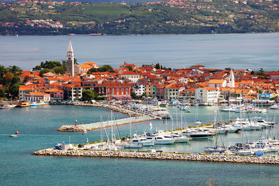 High angle view of boats in sea