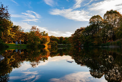 Reflection of trees in lake against sky