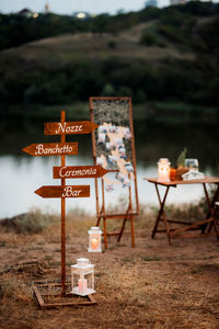 Information sign on table on field