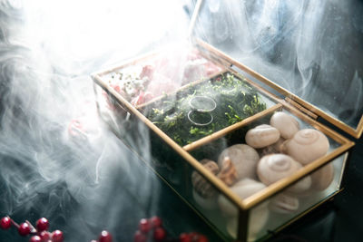 High angle view of meat in container