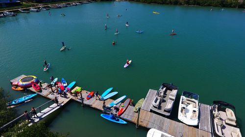 High angle view of boats moored in river