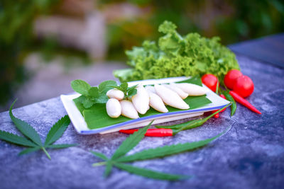 Close-up of chopped vegetables on cutting board