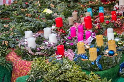 High angle view of christmas decorations on table