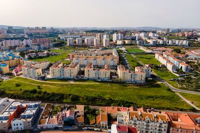 Aerial view of a marvila residential neighbourhood in lisbon outskirt, lisbon, portugal.