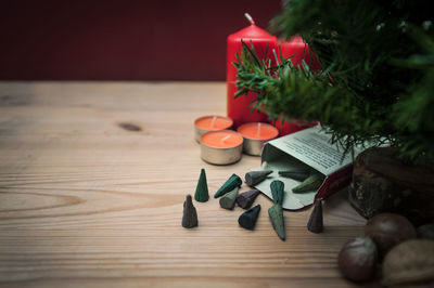 Close-up of christmas decorations on table