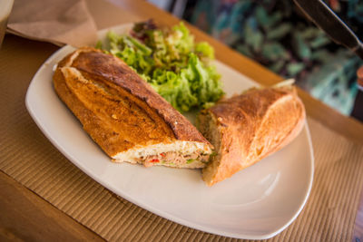 High angle view of breakfast served on table