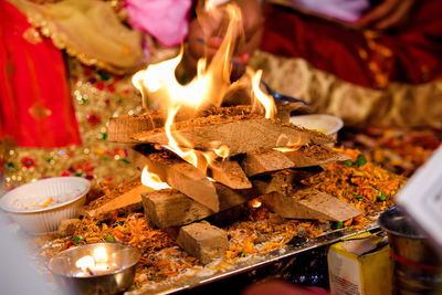 A sacred fire for puja. selective focus is used