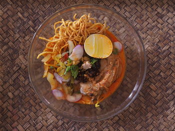 High angle view of food in plate on table