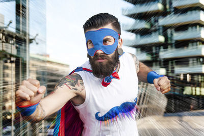 Young hipster superhero fights evil