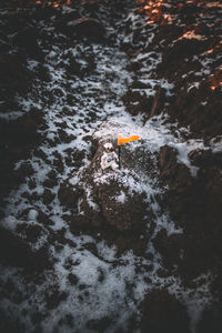 High angle view of cigarette on rock