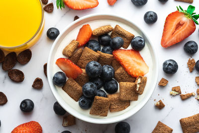 High angle view of breakfast served on table