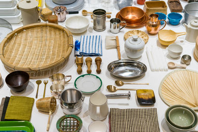 High angle view of objects on table