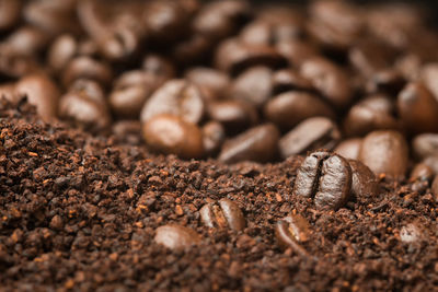 Close-up of coffee beans over ground coffee 