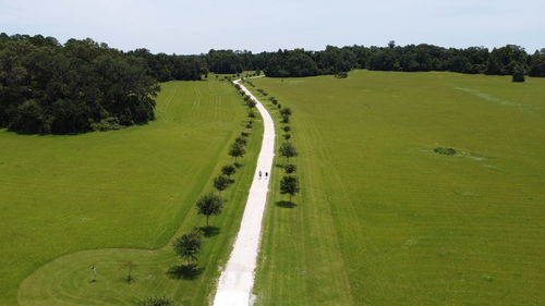 Scenic view from a drone of a stylish path in through a green space