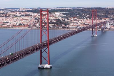 High angle view of suspension bridge over river