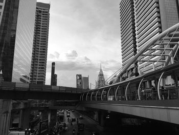 Bridge over river with city in background