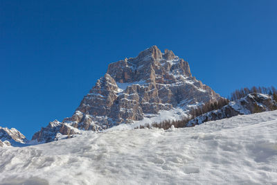 Scenic view of snowcapped mountains against clear blue sky