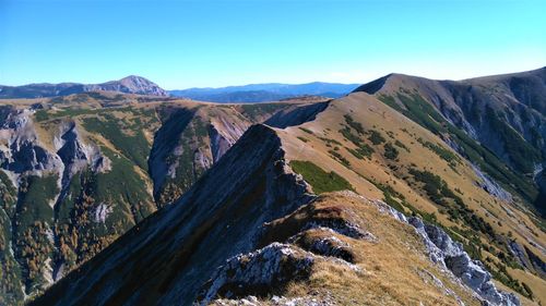 Panoramic view of landscape and mountains against clear blue sky