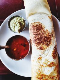 High angle view of breakfast served on table