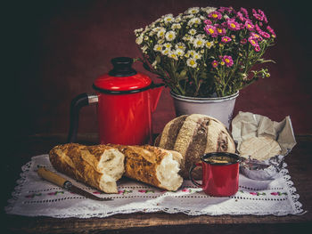 Close-up of breakfast served on table