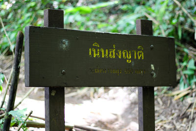 Close-up of information sign on wood