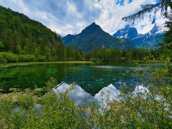 Scenic view of lake and mountains against sky