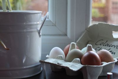 Close-up of eggs in bowl on table