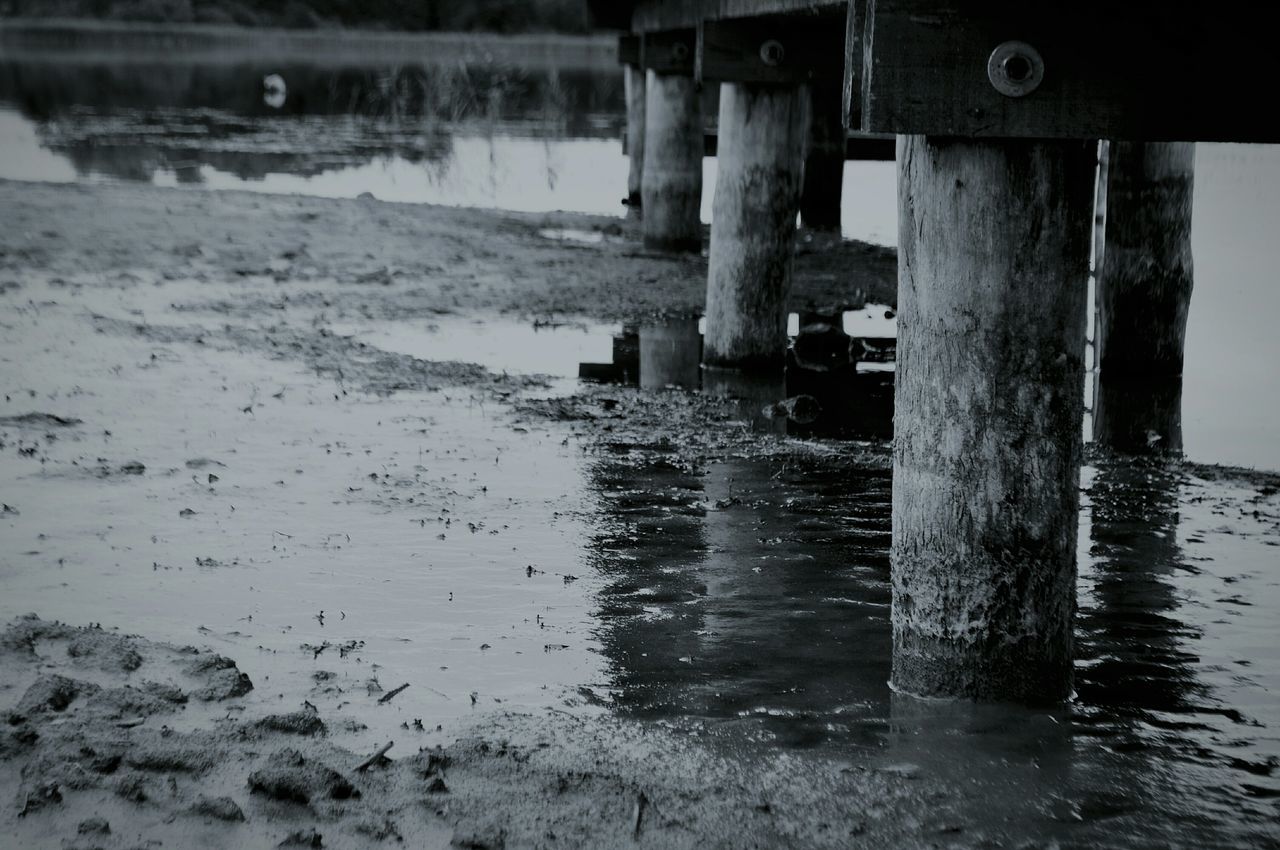 water, wood - material, sea, wooden post, pier, nature, beach, day, wooden, reflection, outdoors, tranquility, waterfront, lake, shore, no people, pole, built structure, sunlight, sand