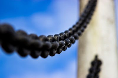 Close-up of metallic chain against blue sky