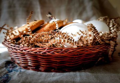 Close-up of cake in basket on table