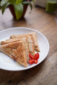 High angle view of breakfast served on table