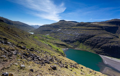 Scenic view of lake and mountains against sky